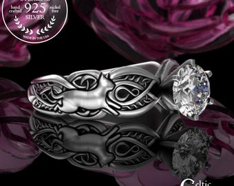Kitty Cat Moissanite Bridal Ring, Sterling Cats Engagement Ring, Silver Celtic Feline Kitten Ring, Irish Pussycat Wedding Ring, 3273