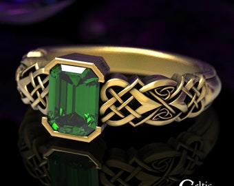 Emerald Engagement Ring, Gold Emerald Celtic Engagement Ring, Gold Rectangle Engagement Ring, White Gold Emerald Wedding Ring, 1657