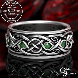 Anillo de boda infinito con esmeraldas, anillo celta para hombre en plata de ley, anillo galés para novio con rubí, joyería irlandesa artesanal de herencia familiar, 1096