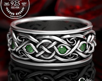 Infinity Wedding Band With Emeralds, 925 Sterling Silver Celtic Ring, Unique Wedding Ring, Celtic Wedding Band, Handcrafted Size 1096