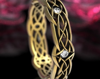 Gold Celtic Knot Wedding Band Moissanites, Dris-Muine Infinity Knot Ring, 10K 14K 18K Gold Platinum Unique Wedding Ring, Eternity Ring 1416