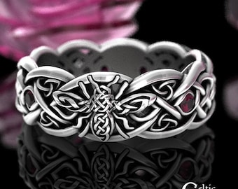 Ruby Bee Ring, Bumblebee Wedding Ring, Sterling Silver Honey Bee Ring, Queen Bee Ring, Ruby Irish Bee Ring, Celtic Bee Wedding Ring, 3086