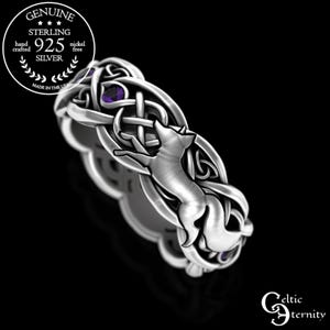 Amethyst Fox Wedding Ring, Womens Sterling Fox Ring, Fox Wedding Ring, Fox Wedding Band, Celtic Fox Wedding Ring, Sterling Fox Ring, 3196