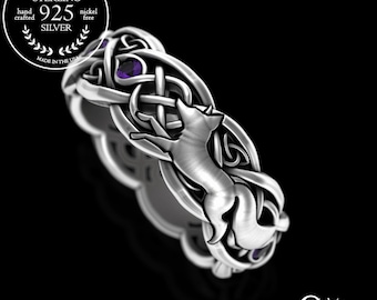Amethyst Fox Wedding Ring, Womens Sterling Fox Ring, Fox Wedding Ring, Fox Wedding Band, Celtic Fox Wedding Ring, Sterling Fox Ring, 3196