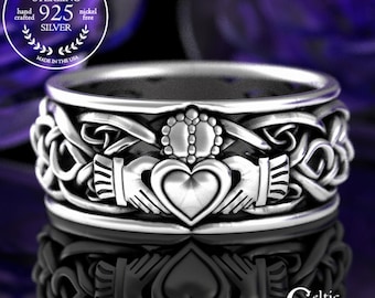 Mens Sterling Silver Claddagh Ring, Modern Claddagh Wedding Ring, Celtic Trinity Knot Silver Heart Ring, Irish Love Ring, Claddagh, 1687