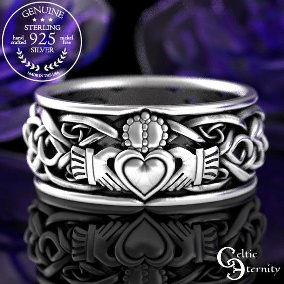 Mens Sterling Silver Claddagh Ring, Modern Claddagh Wedding Ring