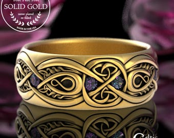 Gold & Alexandrite Celtic Ring, Alexandrite Mens Wedding Band, 10K Alexandrite Celtic Wedding Band, 14K Alexandrite Celtic Wedding Ring,1642