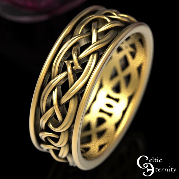 Gold Mens Wedding Band, Mens Modern Celtic Ring, Interwoven Mens Ring, White Gold Celtic Wide Band, Platinum Mens Wedding Ring, 1648