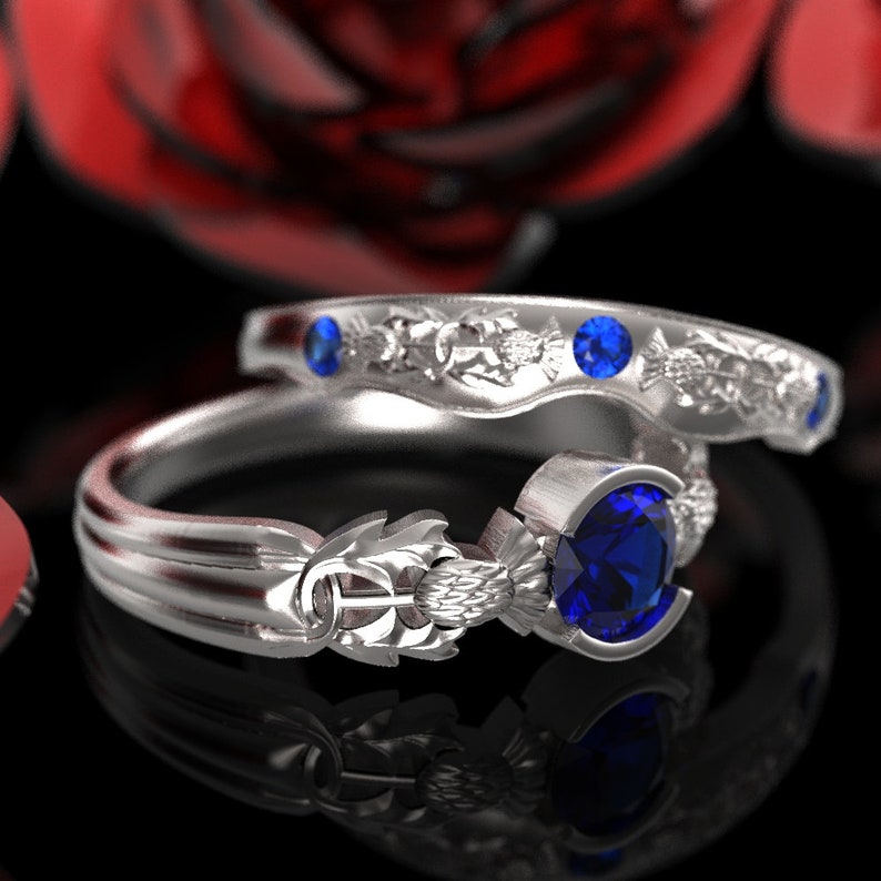 Thistle Engagement Ring Set Sterling Silver Sapphire Ring - Etsy