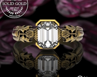 10K Moissanite Thistle Gold Scottish Engagement Ring, 14K 18K Irish Solitaire Ring, Platinum Emerald-Cut Celtic Bride Wedding Ring, 3200