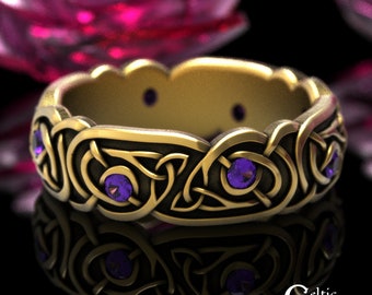 Amethyst Gold Wedding Ring, 14K Amethyst Celtic Ring, Women Gold Amethyst Ring, Womens Gold Celtic Wedding Band, 10K Women Celtic Ring, 1916