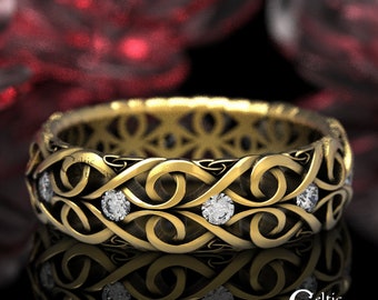 Moissanite & Gold Celtic Wedding Ring, Moissanite Platinum Wedding Band, 10K 14K 18K Gold Modern Wedding Band, Infinity Wedding Band 1421