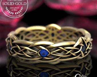 Gold & Sapphire Handfasting Band, Dris-Muine Celtic Infinity Knot Ring, 10K 14K 18K Gold Platinum Timeless Wedding Ring, Eternity Ring, 1416