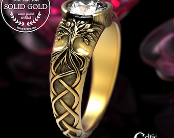 10K Moissanite Forest Engagement Ring, 14K Women's Tree of Life Ring, White Gold Botanical Bezel Ring, Celtic Forest Wedding Ring, 2034