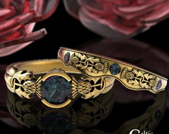 Gold & Alexandrite Royal Thistle Engagement Ring Set, Scottish Highland Bloom Wedding Rings, Thorned Blossom Handfasting Ring, 1774 1775