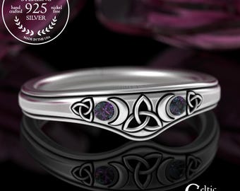 Sterling Celtic Alexandrite Accent Ring, Moon Magic Stacker Wedding Band, Curved Irish Wedding Band, Woman Fitted Engagement Enhancer, 3336