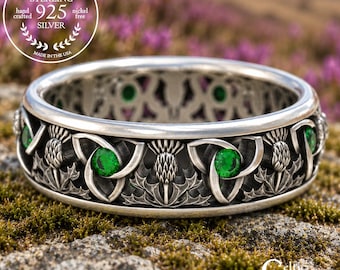 Classic Emerald Celtic Ring, Sapphire Scottish Ring, Ruby Thistle Ring, Scottish Groom Wedding Band, Amethyst Thistle Wedding Band, 1812
