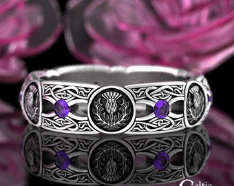 Amethyst Thistle Wedding Ring, Sterling Womens Wedding Ring, Amethyst Scottish Thistle Ring, Silver Irish Thistle Wedding Ring, 4408