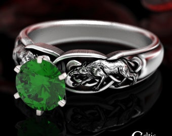 Emerald Wolf Engagement Ring, Sterling Wolf Engagement Ring, Celtic Emerald Solitaire Ring, Celtic Wolf Wedding Ring, Direwolf Ring, 1868