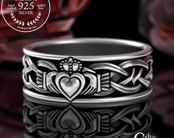 Men's Classic Claddagh Ring, Sterling Groom Heart Hands Wedding Band, Silver Woven Chladaigh Ring, Scottish Crown Handfasting, 3223