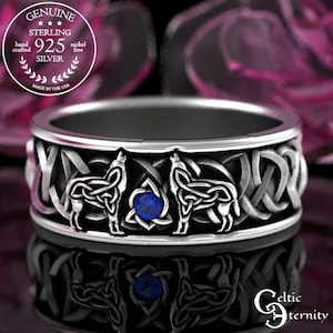 Mens Blue Sapphire Wolf Wedding Ring, Sterling Silver Nordic Wolves Wedding Band, Silver Knotwork Wolves Ring, Mens Celtic Wolf Ring, 1703