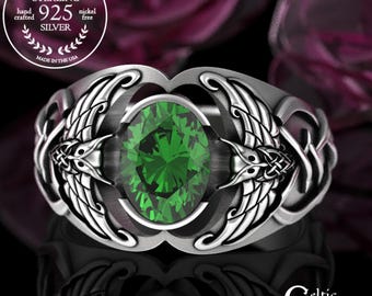 Emerald Mens Viking Wedding Band, Sterling Owl Wedding Ring, Emerald Celtic Statement Ring, Silver Norse Owl Wedding Ring, Knotwork, 3057