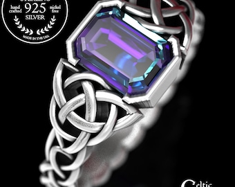 Alexandrite Engagement Ring, Sterling Celtic Wedding Ring, Unique Silver Engagement Ring, Emerald Cut Ring, Alexandrite Wedding Ring, 1306