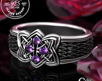 Amethyst Celtic Snakeskin Ring, Sterling Dragonscale Groom's Ring, Silver Immortal Men's Ring, Wide Gothic Amethyst Band, 2096