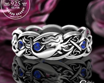 Sapphire Siren Ring, Sterling Celtic Mermaid Wedding Ring, Sapphire Irish Womans Ring, Scottish Mermaid Ring, Silver Ocean Wedding Band 3058