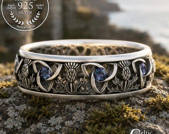 Alexandrite Trinity Celtic Ring, Sterling Scottish Wedding Ring, Classic Thistle Ring, Scottish Wedding Band, Thistle Wedding Band, 1812