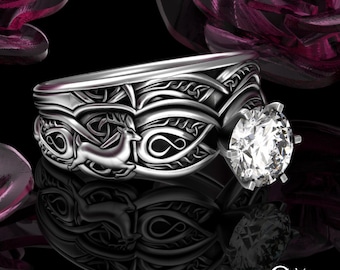 Womens Deer Matching Engagement Set, Bambi Forest Wedding Ring, Stag 1 Carat Solitaire, Sterling Celtic Bridal, Antler Ring, 3135 1971