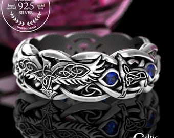 Raven & Wolves Wedding Ring, Sapphire Raven Wedding Band, Sterling Sapphire Viking Ring, Norse Raven Ring, Celtic Raven Wedding Ring, 4696