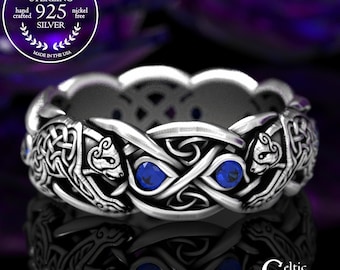 Sterling Silver Bear Ring, Sapphire Bear Ring, Celtic Bear Ring, Celtic Wedding Band, Celtic Animal Ring, Sterling Wedding Band, 1682