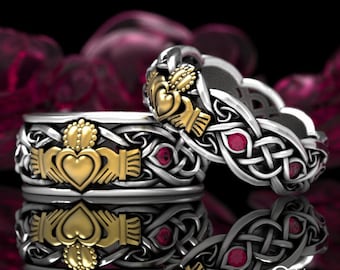Sterling & 10K His Hers Claddagh Ring Set, 2tone Ruby Claddagh Wedding Rings, Matching Celtic Wedding Bands, Irish Love Rings 1685 1689
