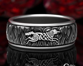 Mens Sterling Wolf Ring, Silver Wolf Wedding Band, Celtic Wolf Wedding Ring, Mens Celtic Wolf Ring, Sterling Silver Wolf Wedding Ring, 1910