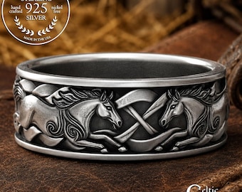 Sterling Men's Wild Horses Ring, Silver Horseback Ring, Texas Cowboy Jewelry, Celtic Horse Ring, Western Groom Wedding Band, 2158