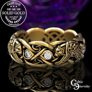 Gold Bear Ring, Moissanite Gold Celtic Ring, White Gold Bear Ring, Platinum Bear Ring, Celtic Bear Ring, Bear Wedding Band, Bear Ring, 1682