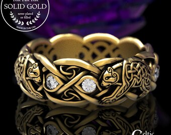 Gold Bear Ring, Moissanite Gold Celtic Ring, White Gold Bear Ring, Platinum Bear Ring, Celtic Bear Ring, Bear Wedding Band, Bear Ring, 1682