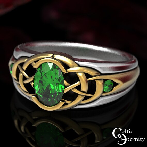 Sterling + 10K Gold Celtic Emerald Ring, 2tone Celtic Wedding Ring, 2tone Engagement Ring, Emerald Celtic Engagement Ring, 1654