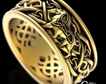 Gold Men Lion Ring, 10K 14K Gold Lion Wedding Ring, Gold Celtic Lion Ring, Gold Irish King Ring, 18K Lion Ring, 10K White Gold Leo Ring 3048