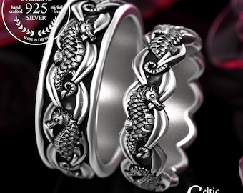 Sterling Matching Sea Horse Wedding Band Set, Bride Groom Ocean Waves Rings, Silver Coral Reef Jewelry, Water Spirit Anniversary, 2100 2101
