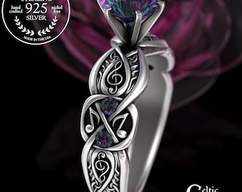Alexandrite Musical Solitaire Ring, Sterling Scottish Melody Ring, Symphony Engagement Ring, Silver Irish Bridal Ring, Orchestra Notes, 3272