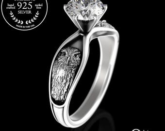 1 Carat Owl Solitaire Engagement Ring, Sterling & Moissanite Barn Owl Wedding Ring, Womens Great Horned Owl Ring, Bird Diamond Ring, 3166