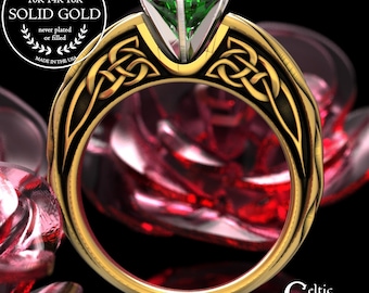 Irish Bridal Knotwork Under Gallery Design in Gold or Platinum, 18K & Emerald Celtic Engagement Ring, 10K Scottish Solitaire Jewelry, 2113