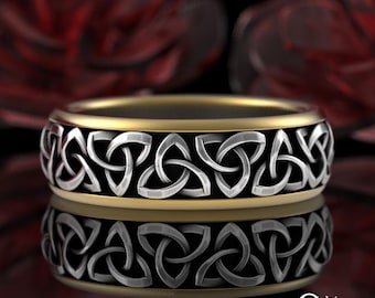 2-Tone Classic Irish Groom Knotwork Ring, Sterling + 10K Gold Trinity Celtic Wedding Band, Simple Scottish Man Trinity Knot Wedding, 4029