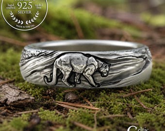 Sterling Mountain Lion Ring, Silver Cougar Jewelry, Sterling Puma Wedding Band, 925 Panther Ring, Big Cat Ring, Jaguar Spirit Animal, 3286