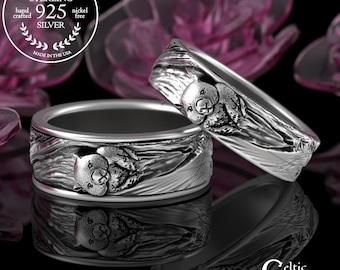 His Hers Wombat Matching Ring Set, Sterling Australia Animal Wedding Rings, Silver Bride Groom Wedding Bands, Tree Bark Ring, 4054 5112