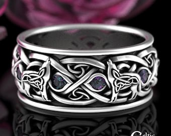 Mens Alexandrite Wolf Ring, Sterling Alexandrite Celtic Wedding Band, Mens Silver Wedding Ring, Viking Wolves Wedding Ring, Mens Ring, 1269