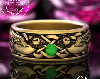 Emerald & Gold Celtic Sea Bird Ring, 14K White Gold Men's Irish Wedding Band, 18K Groom's Bird Ring, Platinum Puffin Ring, 2120