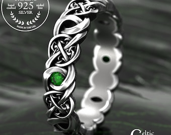 4 Trinity Knot Emerald Amethyst Ruby Celtic Anniversary Wedding Band, Sterling Family of Four Jewelry, Silver Welse Knotwork Ring, 1987
